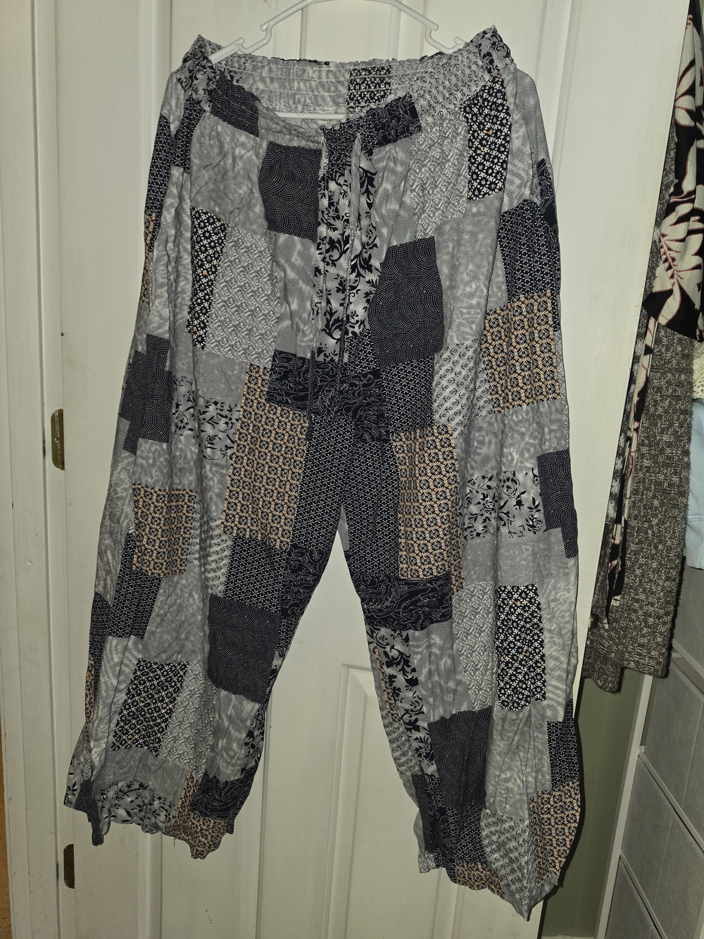 Women's Patchwork Drawstring Pants- Black, Gray & Tan